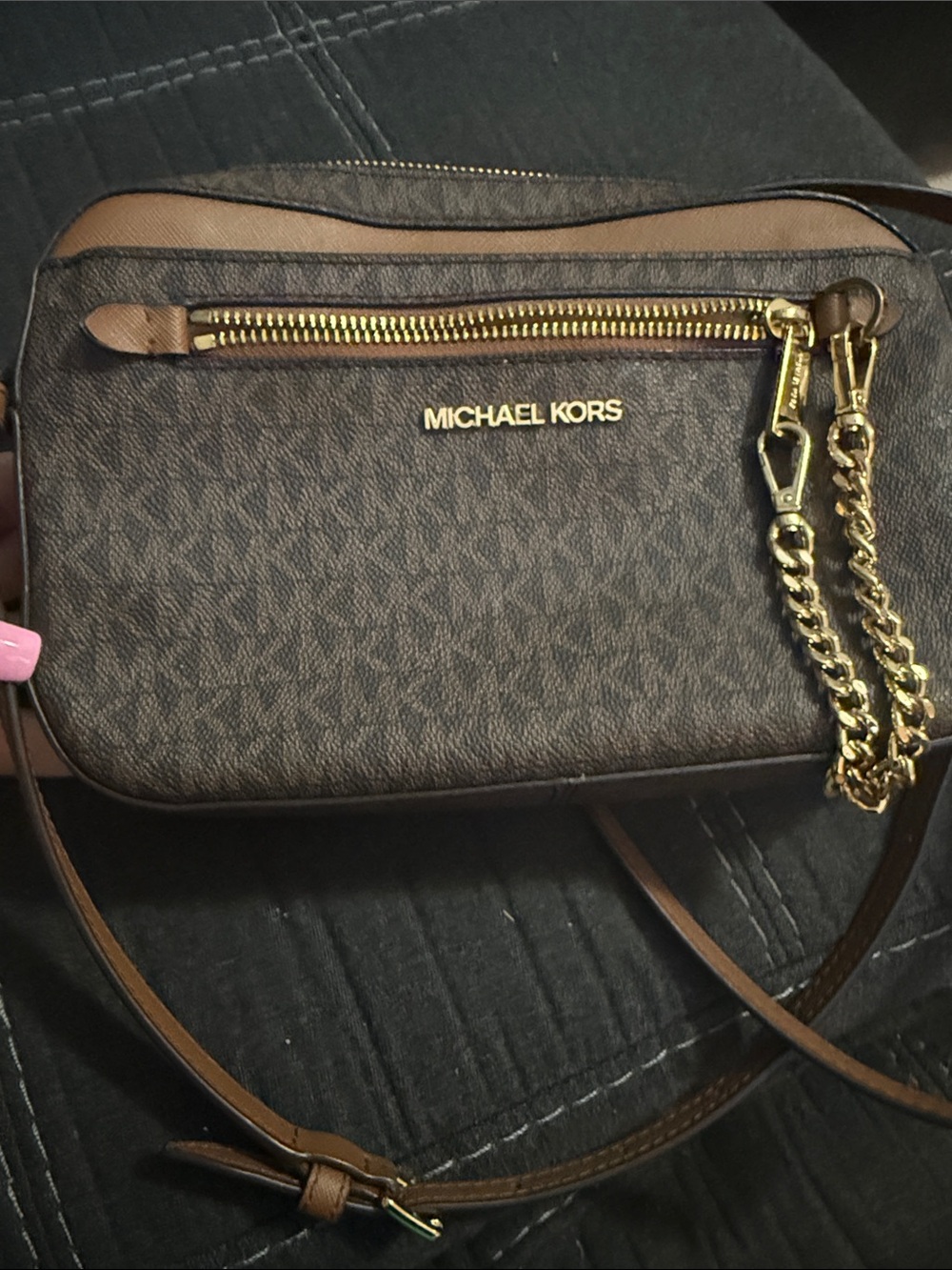 Michael Kors Brown Logo Crossbody with Gold Chain Detail